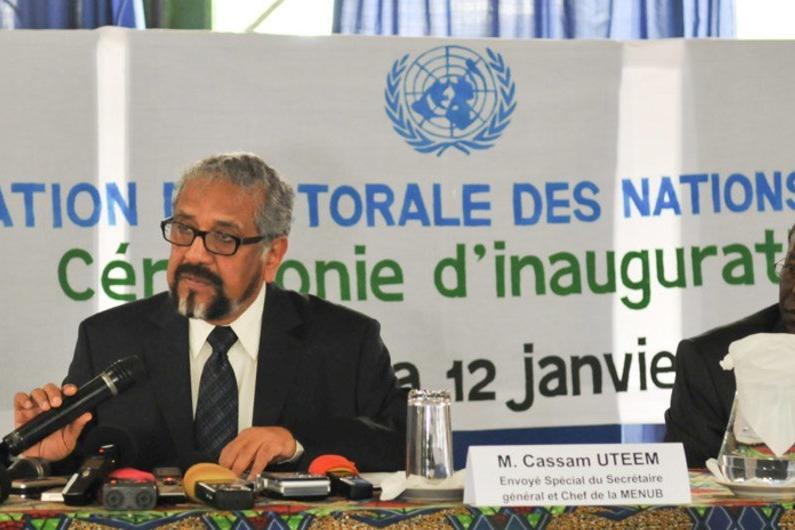 Cassam Uteem (left), Special Envoy and Head of UN Electoral Observation Mission in Burundi (MENUB) and Issaka Souna, MENUB Deputy chief, in Bujumbura at official launch of Mission’s work. January 2015